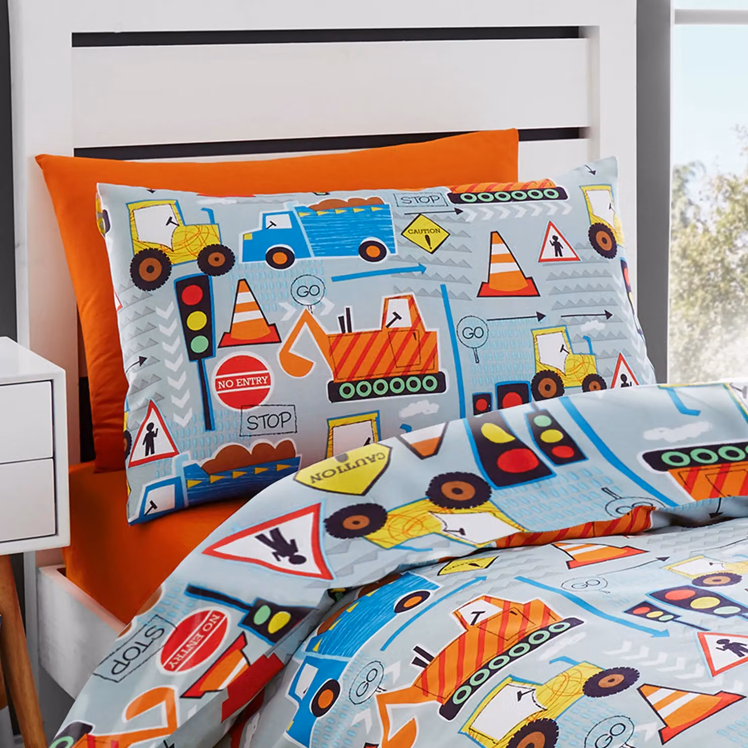 Happy Linen Company Kids Big Digger Construction Trucks Reversible Duvet Cover Bedding Set, Grey and Multicolour, W/D/H: 90 x 200 cm – 2