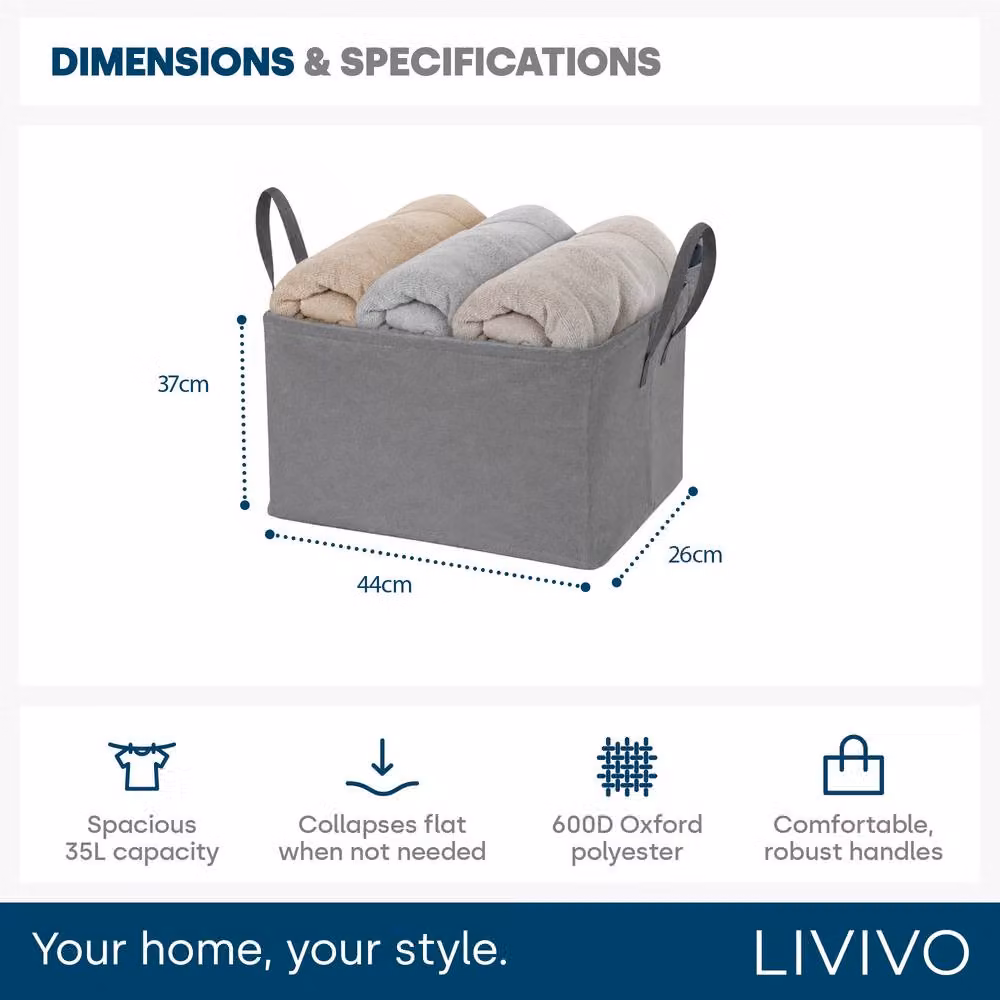 LIVIVO Collapsible Fabric Laundry Storage Bags with Handles, 2 Pack, Grey – 6