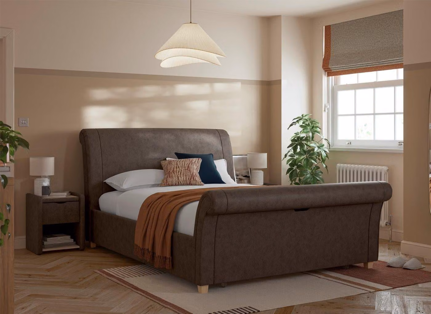 Dreams Delaware Upholstered Sleigh Bed Frame in Grey with Oak Details and Drawers