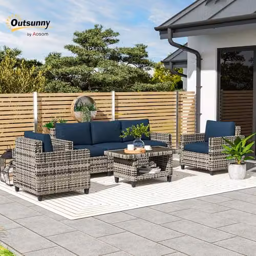 Outsunny 6 Piece Rattan Garden Furniture Set with 5 Seater Upholstered Seating and Coffee Table in Blue – 2