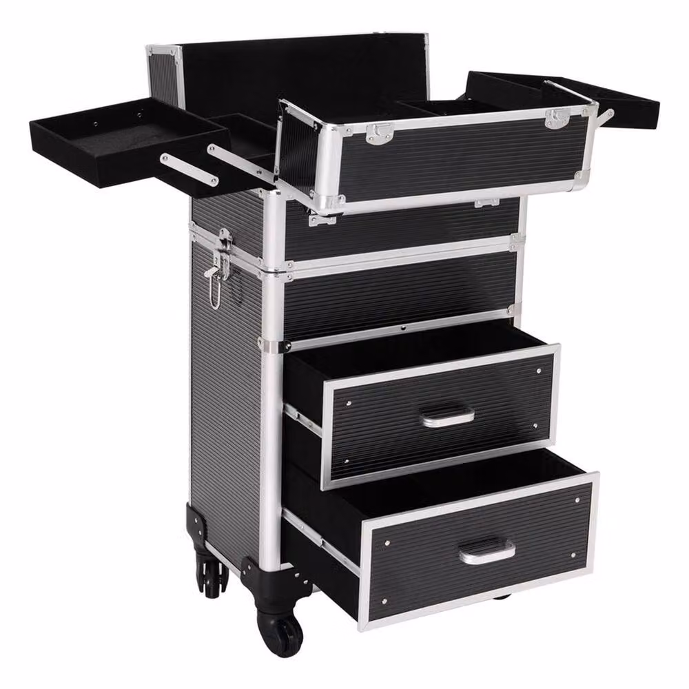 VOGREX Large Hairdressing Trolley and Cosmetic Storage Case in Black and Multicolour – 3