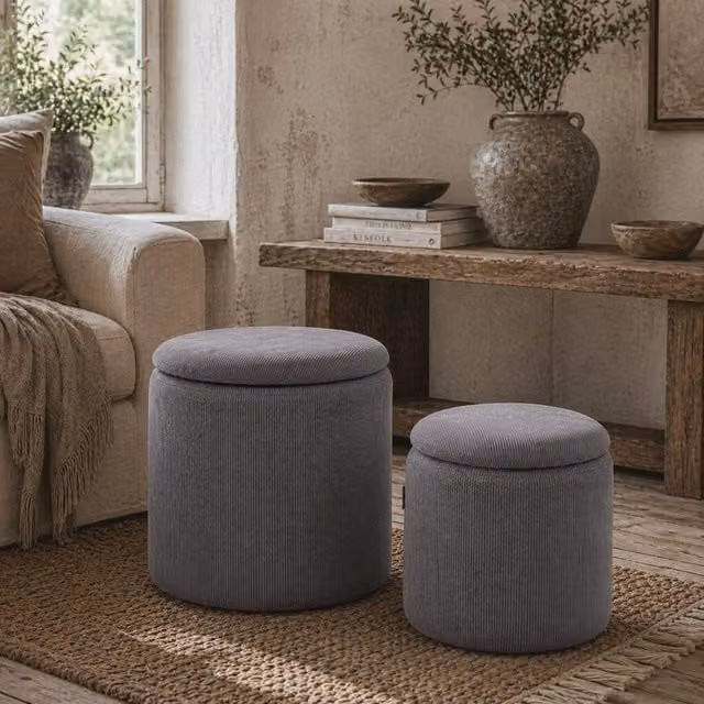 Wyld Haus Seleco Set of 2 Light Grey Corduroy Round Storage Ottomans – 1