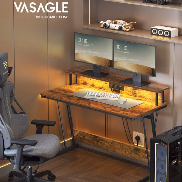 VASAGLE Bronze Gaming Desk with LED Lighting and Power Outlets