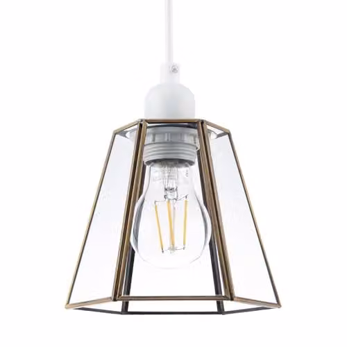 Happy Homewares Industrial Hexagonal Lantern Pendant Lamp Shade in Antique Brass with Transparent Glass Panels, W/D/H: 14 x 14 x 16 cm