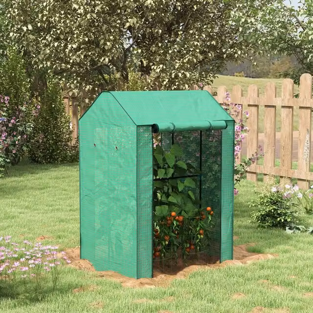 Outsunny 2-Room Mini Greenhouse with 2 Roll-up Doors and Vent Holes, Green