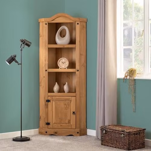 Seconique Corona Pine Corner Display Cabinet in Distressed Waxed Brown