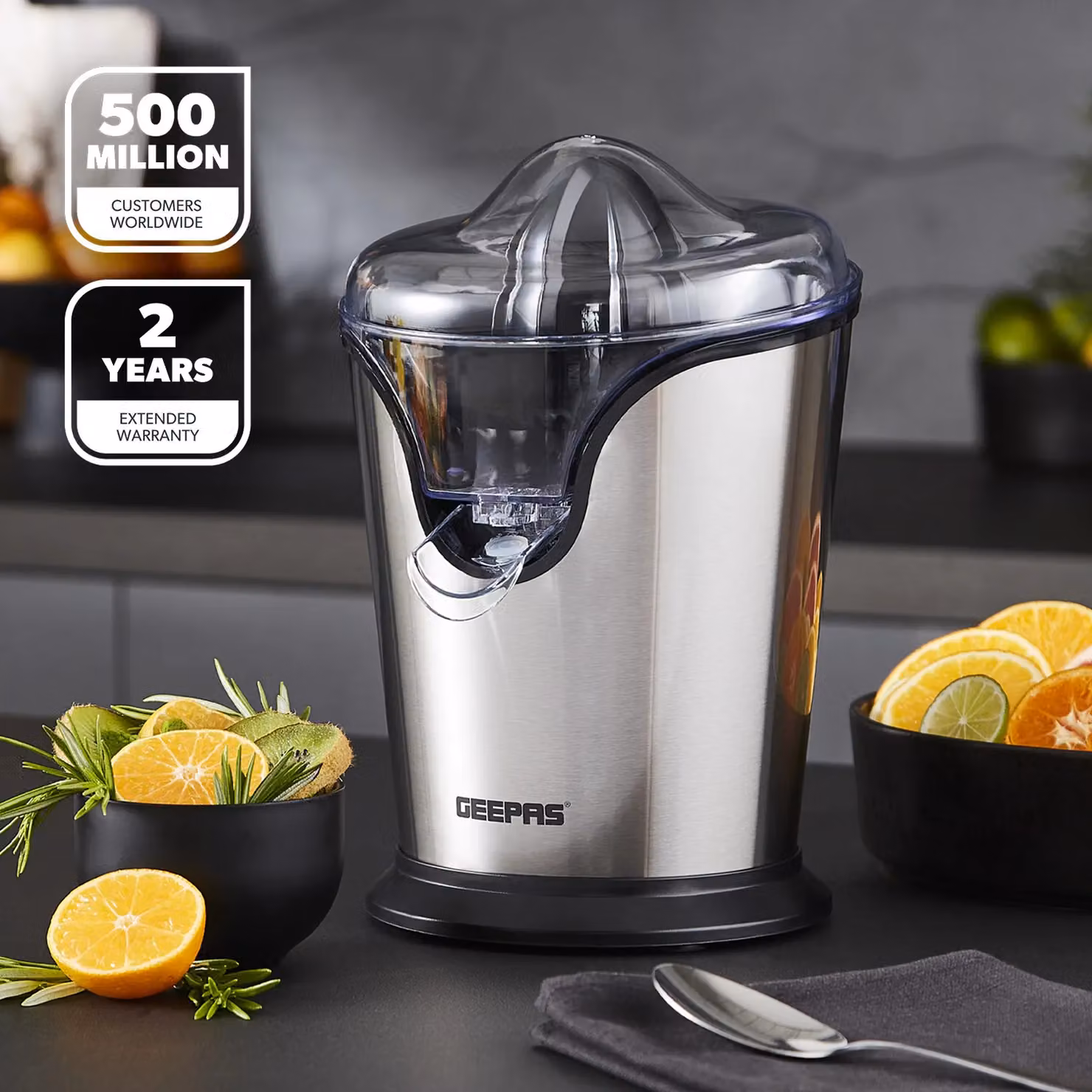 Geepas 100W Electric Citrus Juicer and Orange Squeezer in Metallic Silver – 2