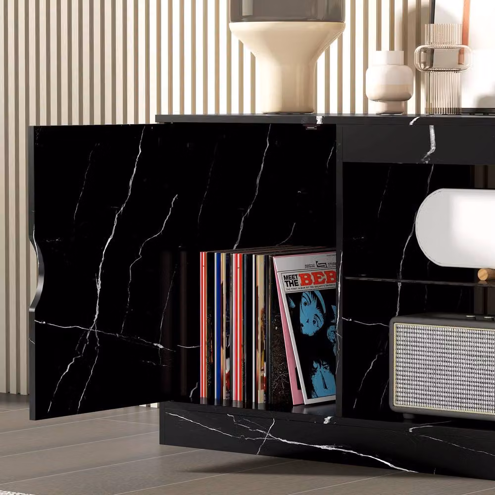 STILVORA Modern TV Stand with Cabinet and Glass Shelf in Black – 10