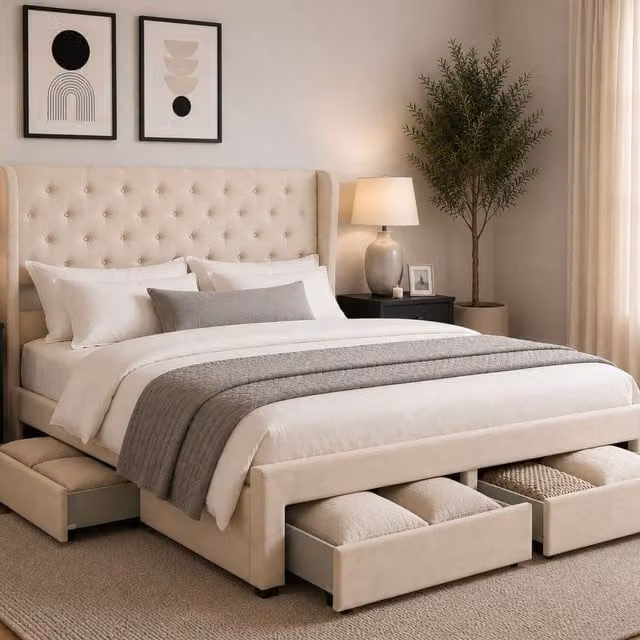 Groundlevel Westbury Velvet Upholstered Bed Frame with Storage Drawers in Beige, 180 x 200 cm – 1