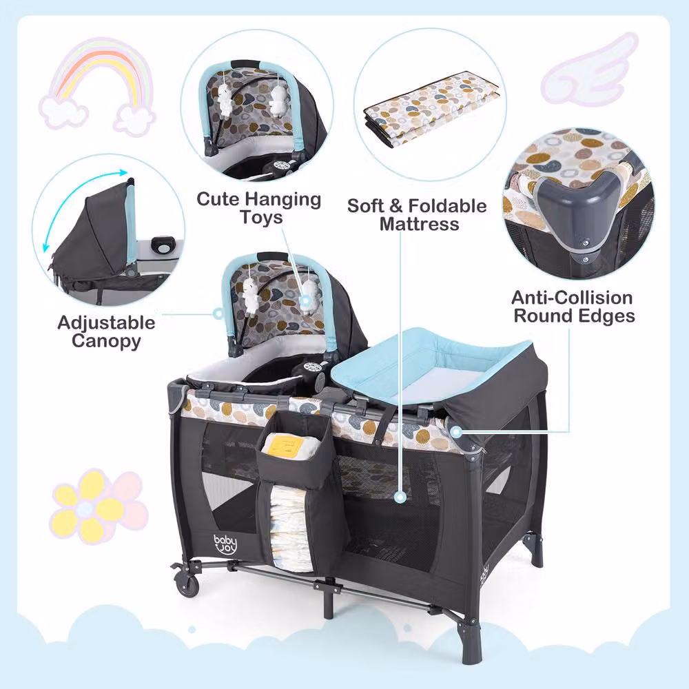 CASART Foldable Nursery Center Bassinet and Baby Playard with Diaper Changing Table in Grey and Multicolour – 4