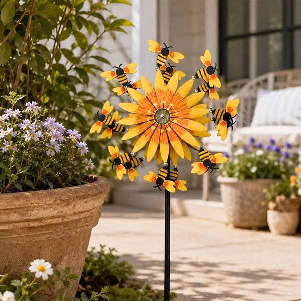 FLAVORA Bee and Sunflower Metal Garden Spinner in Yellow – 3