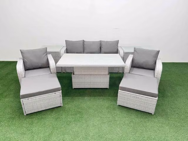 Fimous Grey PE Rattan Garden Furniture Set with 3-Seater Sofa, Reclining Armchairs, Ottomans, Side Tables and Adjustable Table