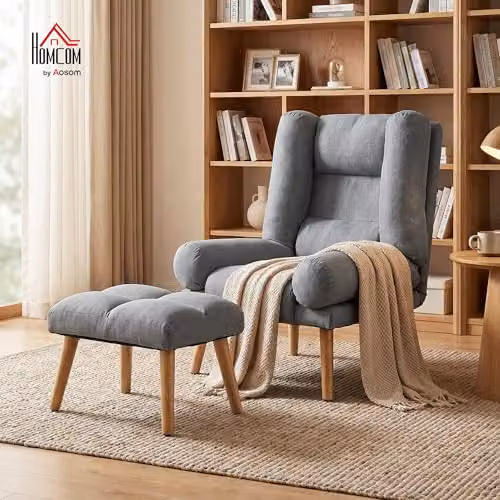 HOMCOM Grey Fabric Recliner Chair with Matching Ottoman and Wooden Legs – 2