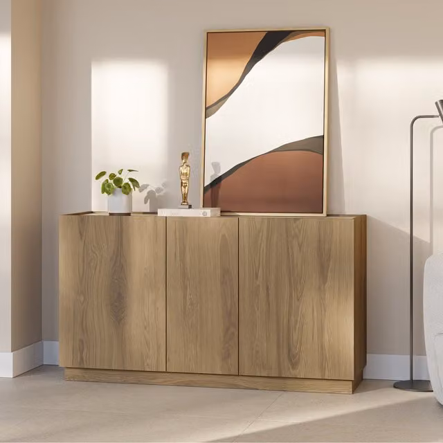 Decortie Modern Sideboard Cabinet with 3 Soft-Close Doors in Whiskey Oak and Travertine Brown