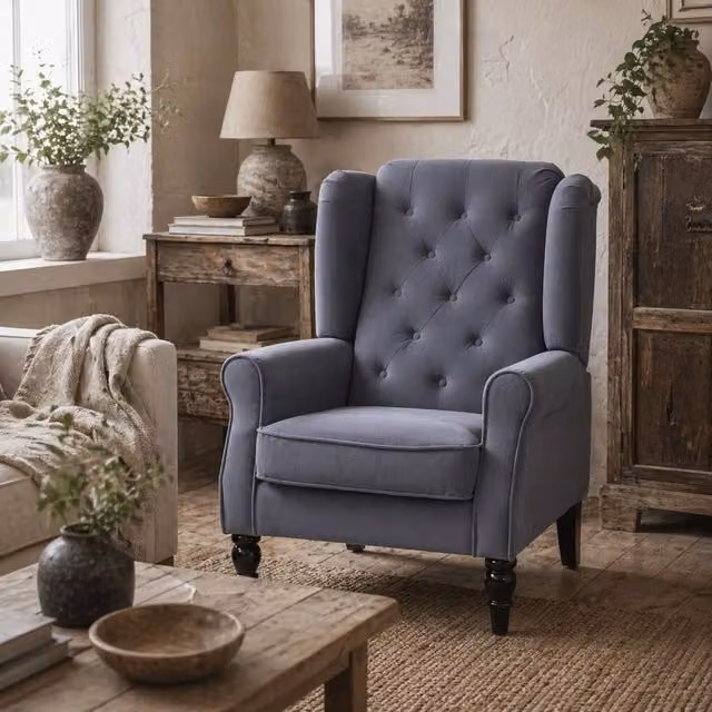 Wyld Haus Vanola Grey Velvet Retro Wingback Armchair with Diamond Button Tufting