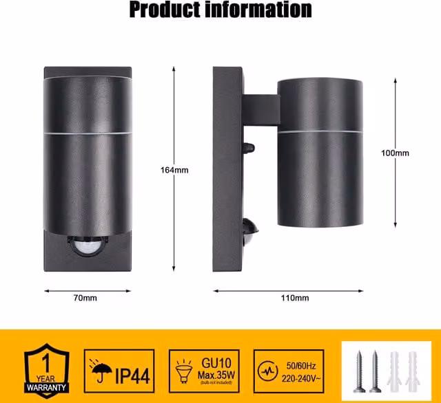 Living Star Black Outdoor GU10 Wall Light with PIR Motion Sensor and IP44 Rating