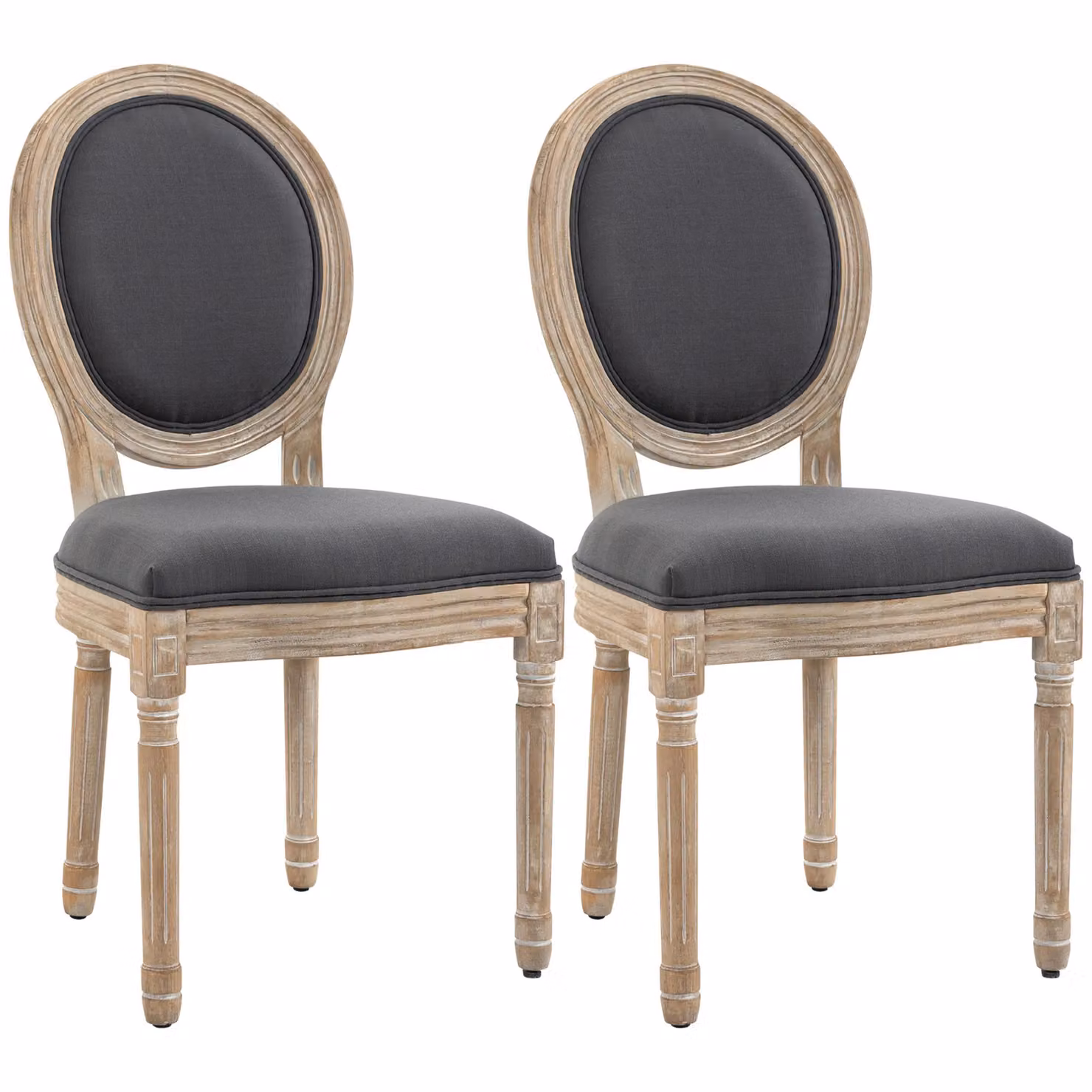 HOMCOM Set of 2 French-Style Dining Chairs with Grey Linen Fabric Upholstery and Solid Wood Frame – 2