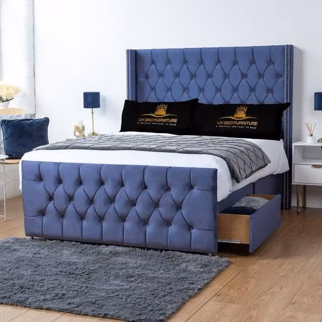 UK Bed Furniture Emily Blue Velvet Wingback Divan Bed with 2 Foot End Drawers and 54 Inch Headboard, Size: Double (W/D/H: 140 x 200 cm)