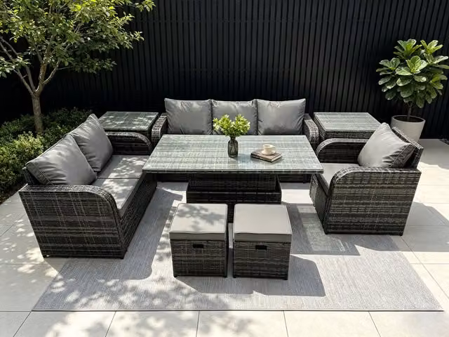 Fimous Rattan Garden Dining Set with Reclining Sofa, 2 Side Tables and 2 Footstools in Dark Grey