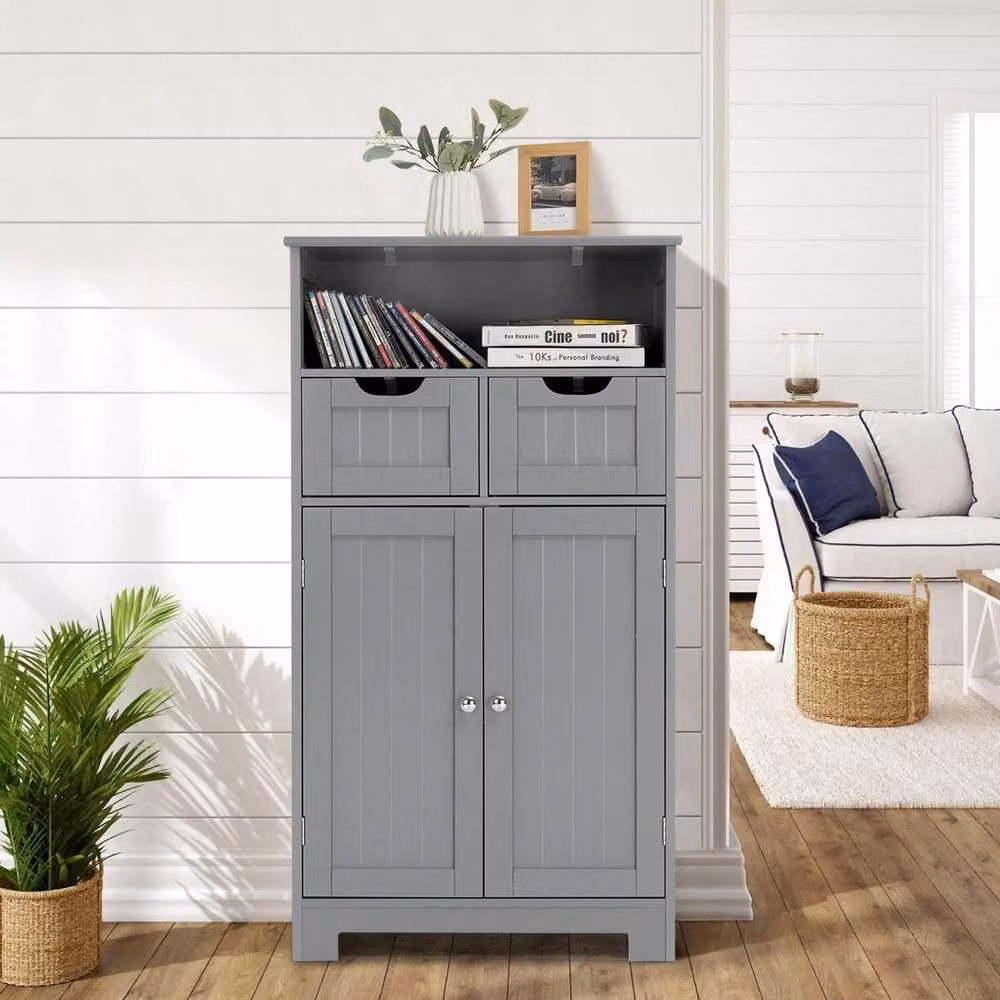 VOGREX Grey Freestanding Bathroom Floor Storage Cabinet with Doors and Drawers – 4