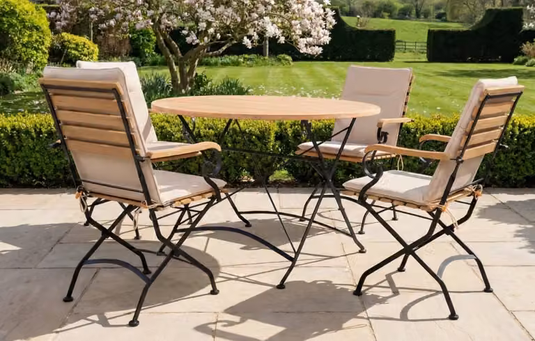 MINT Outdoor Sicily 4 Seater Teak and Wrought Iron Round Garden Dining Set, Sand, Diameter: 110 cm