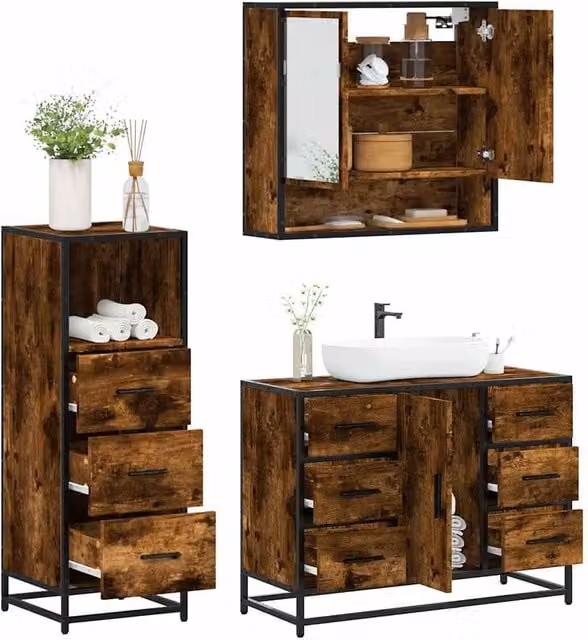 Berkfield Home 3 Piece Industrial Bathroom Furniture Set in Smoked Oak Brown