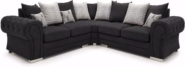 Furnishings For Less UK Milan 5 Seater L Shaped Corner Sofa in Black with Chesterfield Arms and Scatter Cushions