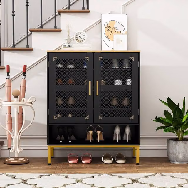 Costway Modern 5-Tier Wooden Shoe Cabinet with Glass Doors in Black – 1
