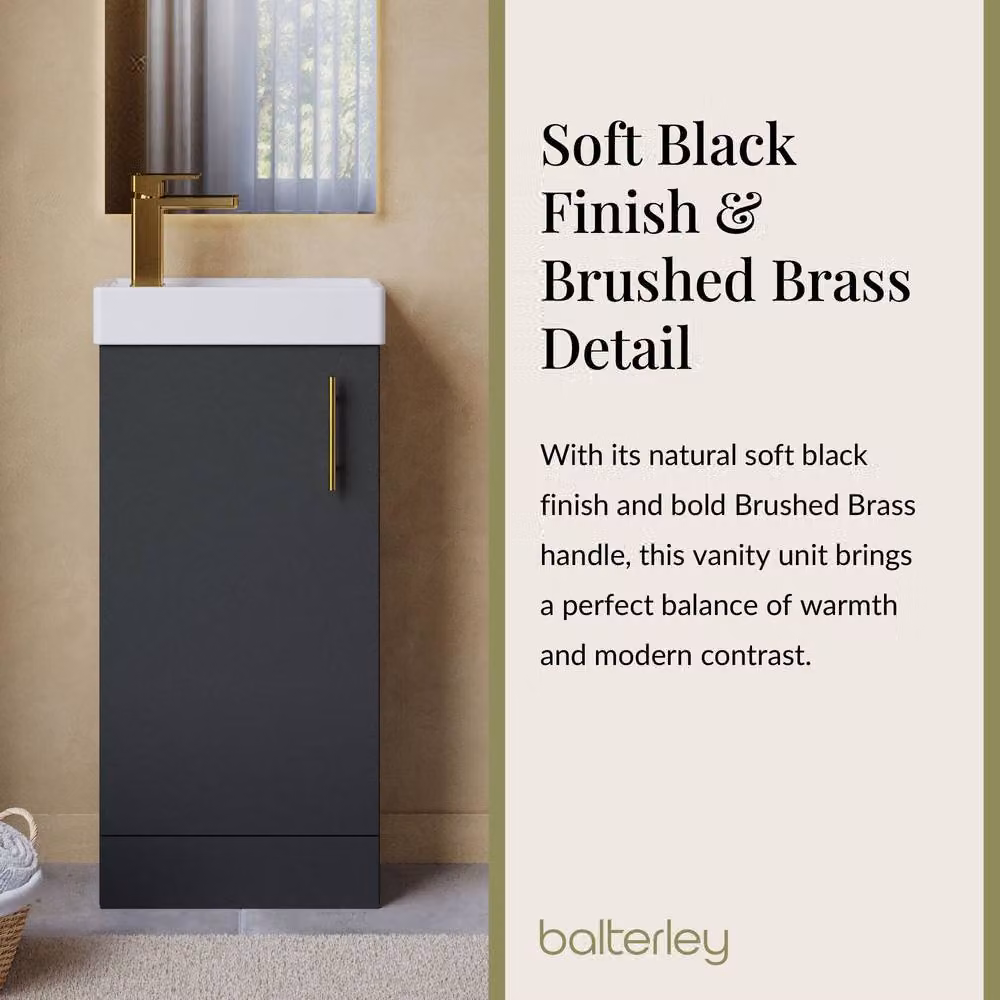Balterley Grey Floor Standing Vanity Basin with Satin Soft Black Finish and Brushed Brass Handle, Width: 40 cm, Height: 86.1 cm – 4