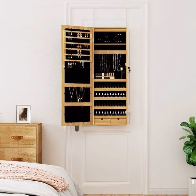 Berkfield Home Wall Mounted Mirror Jewellery Cabinet with LED Lights, Brown, H 106 x W 37.5 x D 10 cm