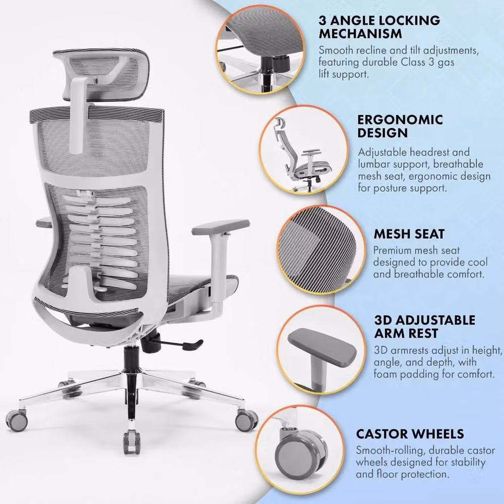 EONLION Model 829 Ergonomic Office Chair in Grey with Mesh Seat and Headrest – 2