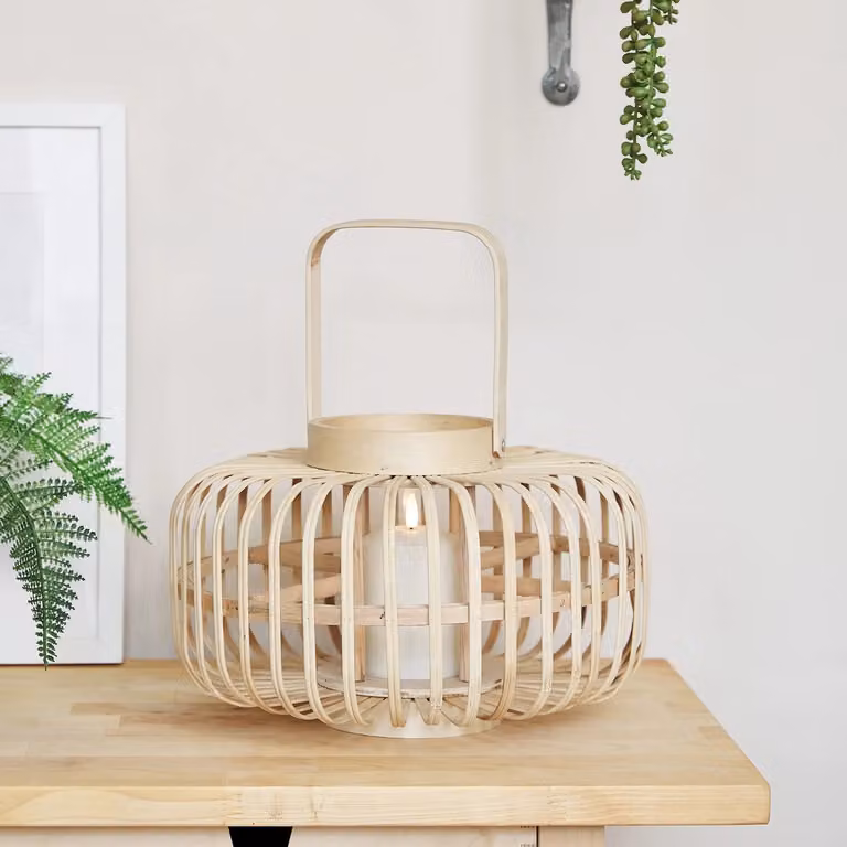 Lights4fun Beige Bamboo Wooden Cage Lantern with TruGlow Candle, H 34.5 x W 21.0 x D 21.0 cm