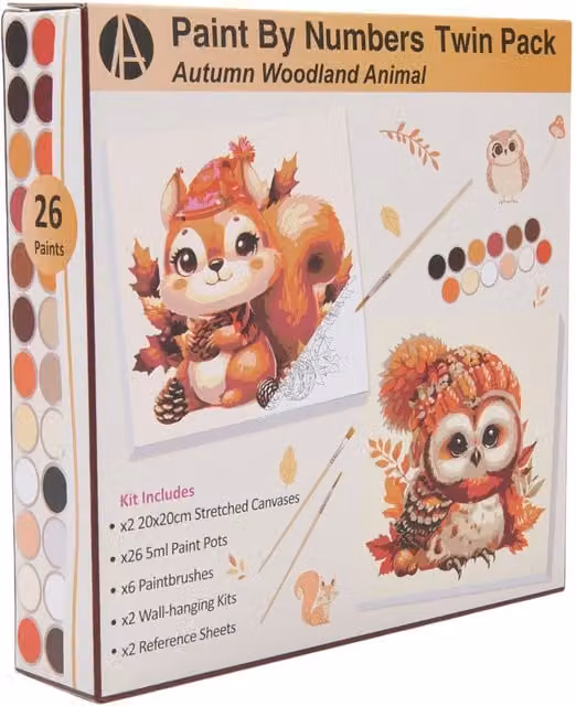 Art Studio Pack of 2 Autumn Woodland Animal Paint by Numbers Kits in Multicolour