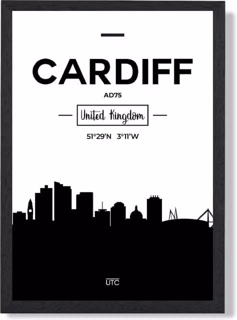 ARTZE Cardiff Black and White City Skyline Framed Photograph Print in Black Frame, A4 – 1