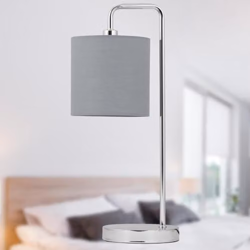 First Choice Lighting Set of 2 Chrome Arched Table Lamps with Grey Fabric Shades – 2