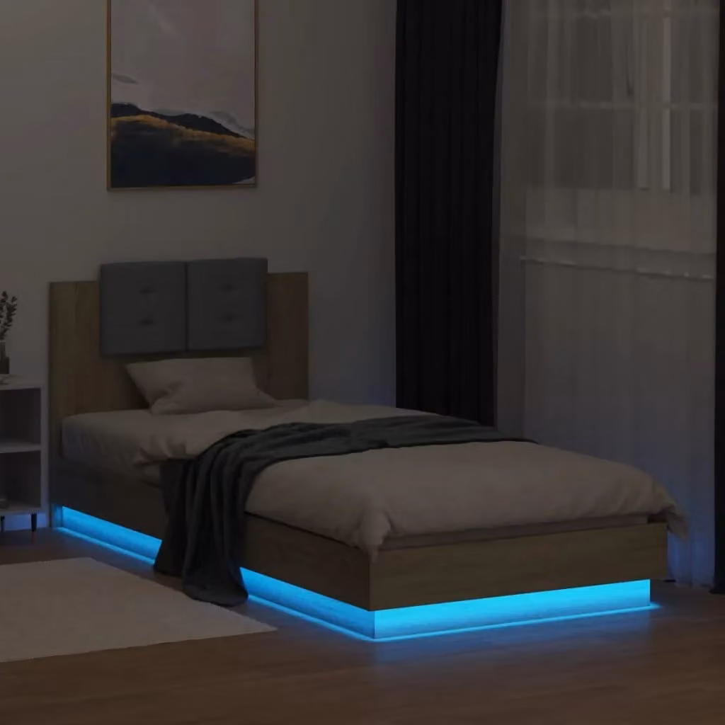 Berkfield Home Sonoma Oak Bed Frame with LED Lighting and USB Charging Port, Brown, W/D/H: 90 x 200 cm – 3
