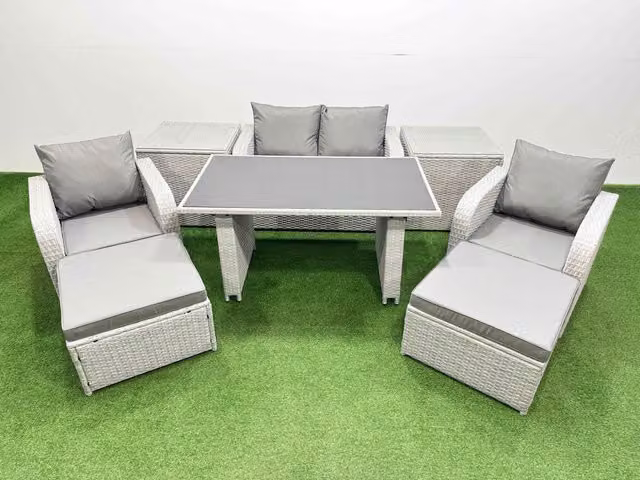 Fimous 6-Seater Outdoor Rattan Garden Dining Set with 2 Side Tables in Light Grey