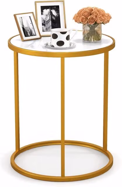 COSTWAY Modern Round Marble Top Side Table in White and Gold
