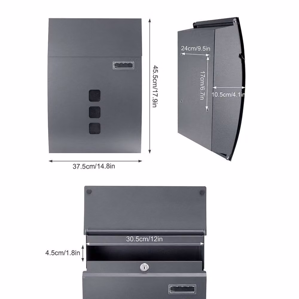 PAWNORA Charcoal Grey Wall-Mounted Letter Box with Lock, W: 45.5 cm, H: 37.5 cm – 2