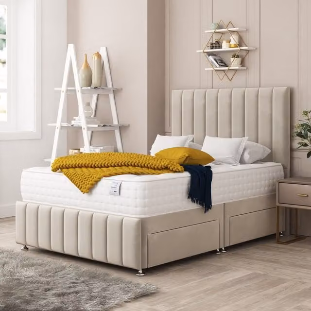 Bed Choices Moscow Double Divan Bed with 4 Drawers, Mattress and 54 inch Floor Standing Headboard in Cream Velvet Fabric, W/D/H: 140 x 200 cm