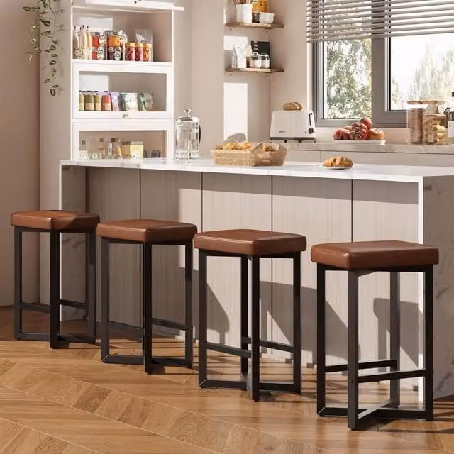 VOGREX Set of 4 Brown Synthetic Leather Upholstered Backless Counter Height Bar Stools with Metal Frames – 1