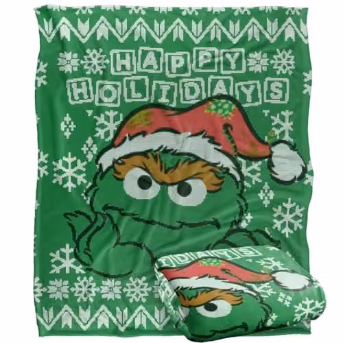 LOGOVISION Sesame Street Oscar The Grouch Ugly Christmas Sweater Super Soft Microfibre Fleece Throw Blanket, White, W/D/H: 152 x 127 x 1 cm – 1