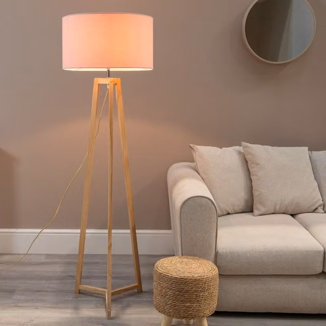 ValueLights Lottie Natural Wood Tripod Floor Lamp with Blush Pink Fabric Drum Shade and LED Bulb, H 158 cm x W 45 cm x D 45 cm