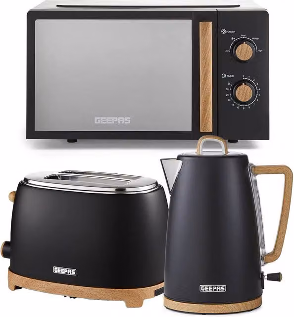 Geepas NordiQ Collection Black Kettle, 2 Slice Toaster and 20L Microwave Set