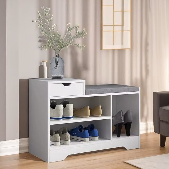 Pirlo Plush Industrial Shoe Storage Bench with 3 Open Shelves in White, W/D/H: 135 x 52 x 30 cm – 1