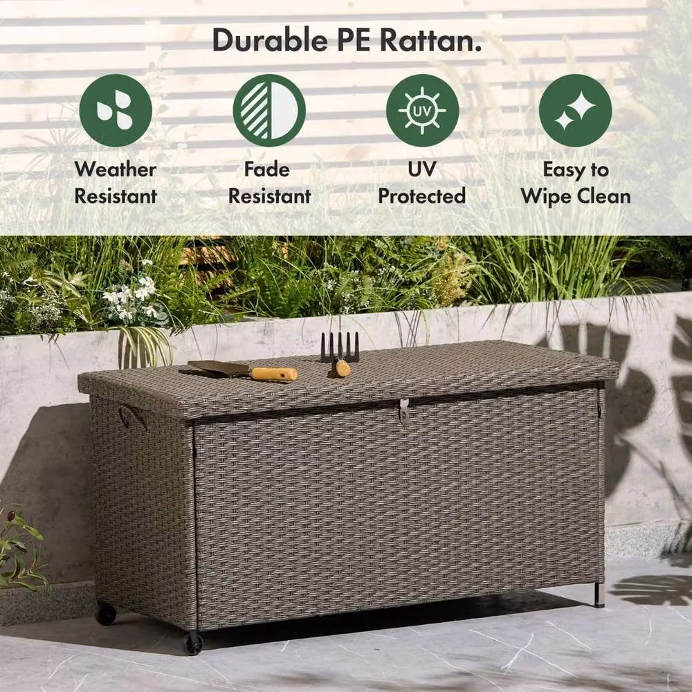 NESTLUNE Grey Rattan Garden Storage Box with Castors, 290L, W: 100 cm, D: 15 cm, H: 15 cm – 4
