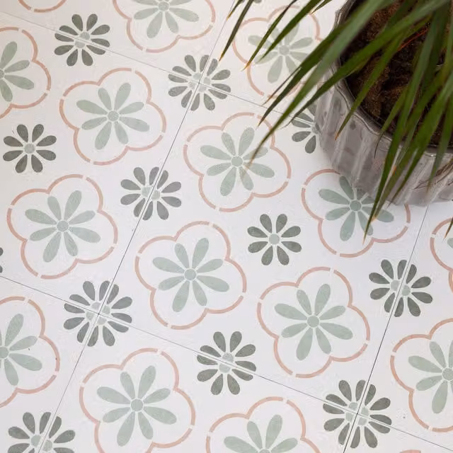 d-c-fix Olive Petals Self-adhesive Vinyl Floor Tiles in Green and White Floral Tile Look