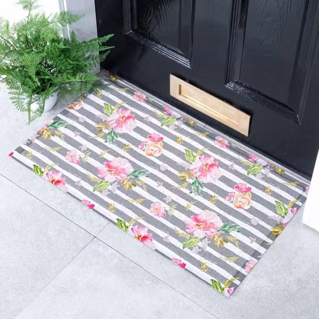 Artsy Mats Grey Striped Peony Indoor and Outdoor Doormat, W: 70 cm, D: 40 cm – 1