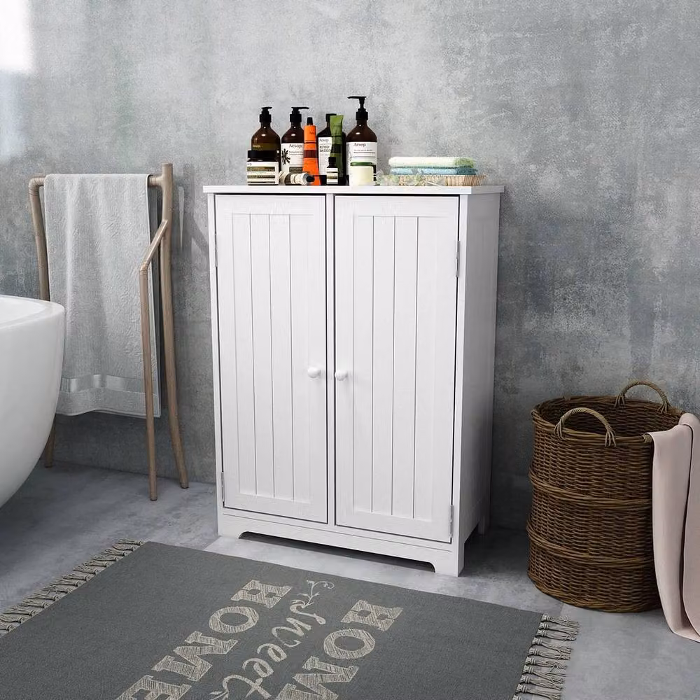 KORVIXA White Lacquered Freestanding Bathroom Cabinet with Hinged Doors and Internal Shelves – 3
