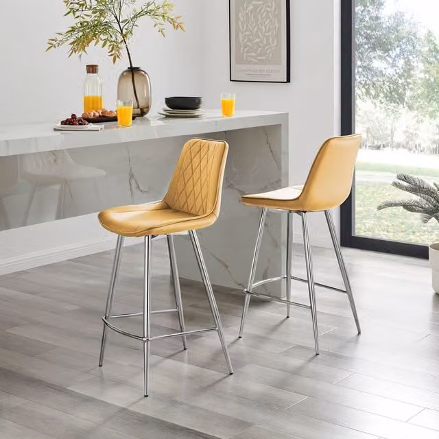 FurnitureboxUK Pesaro Velvet Upholstered Kitchen Breakfast Bar Chairs in Yellow with Silver Metal Legs, Set of 2